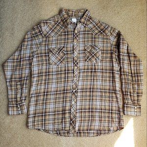 Wranchers XLT Wrangler Brown Plaid Flannel 100% Cotton Pearl Snap Long Sleeve